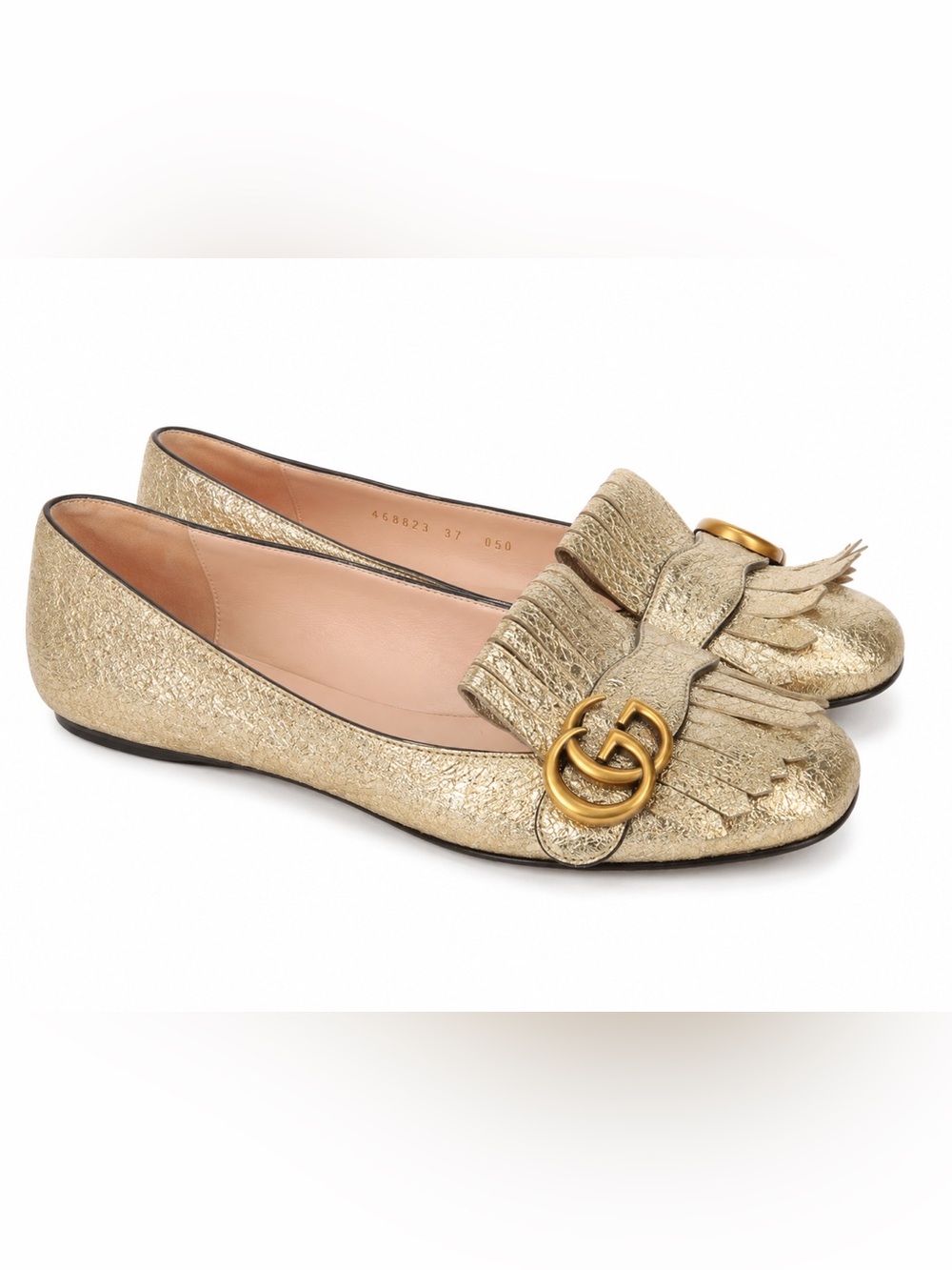Gucci Marmont Metallic Gold Leather Fringe Ballet Flats GG Logo Size 37